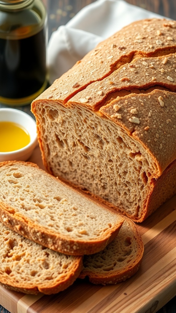 Sliced whole wheat bread on a wooden cutting board with olive oil in the background.